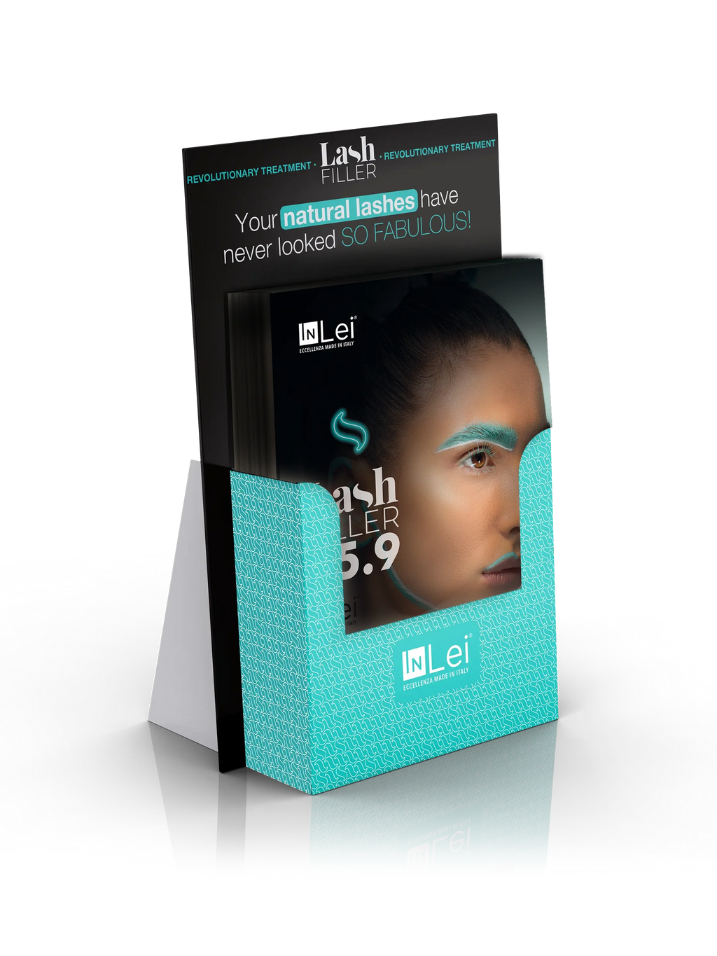 Expositor InLei® con 50 Flyers Publicitarios – Lash Filler 25.9