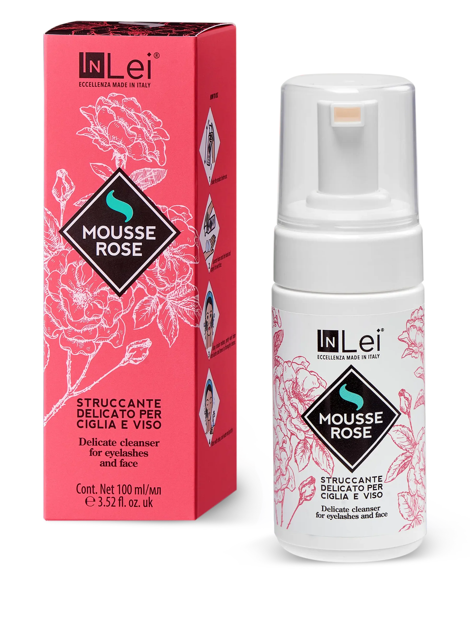 InLei® MOUSSE ROSE – Limpiador Suave para Pestañas y Rostro 100 ml