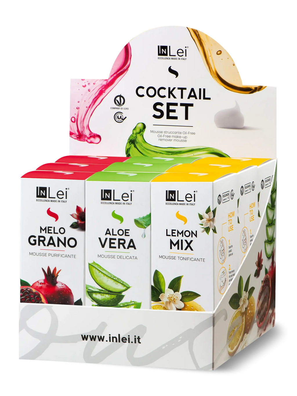 InLei® COCKTAIL SET – Expositor de Mousses Limpiadoras para Pestañas, Cejas y Rostro