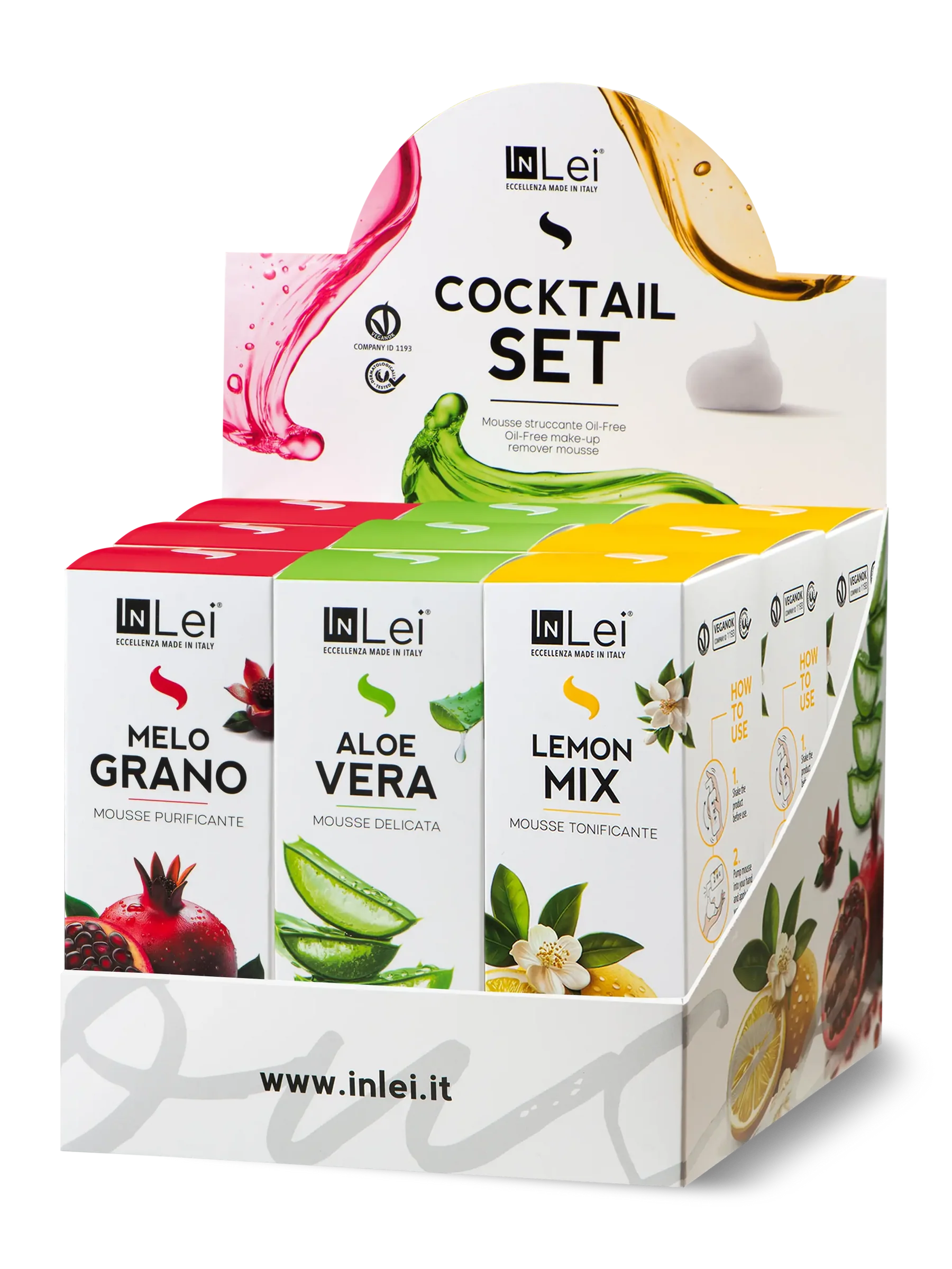 InLei® COCKTAIL SET – Expositor de Mousses Limpiadoras para Pestañas, Cejas y Rostro