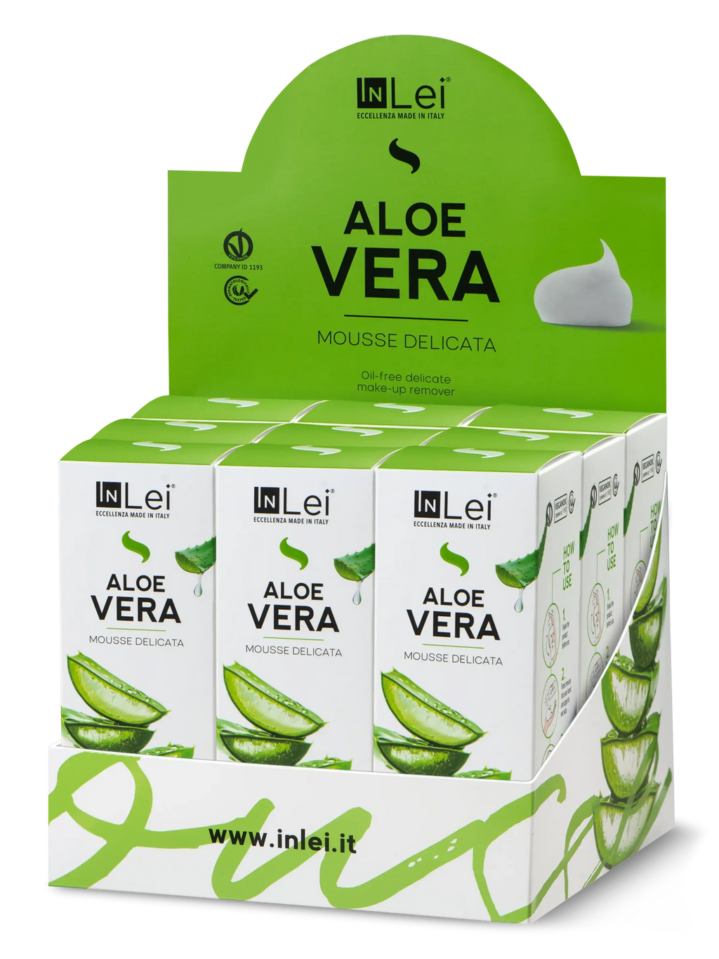 InLei® EXPOSITOR ALOE VERA – Limpiador Suave para Pestañas, Cejas y Rostro 100 ml – 9 unidades