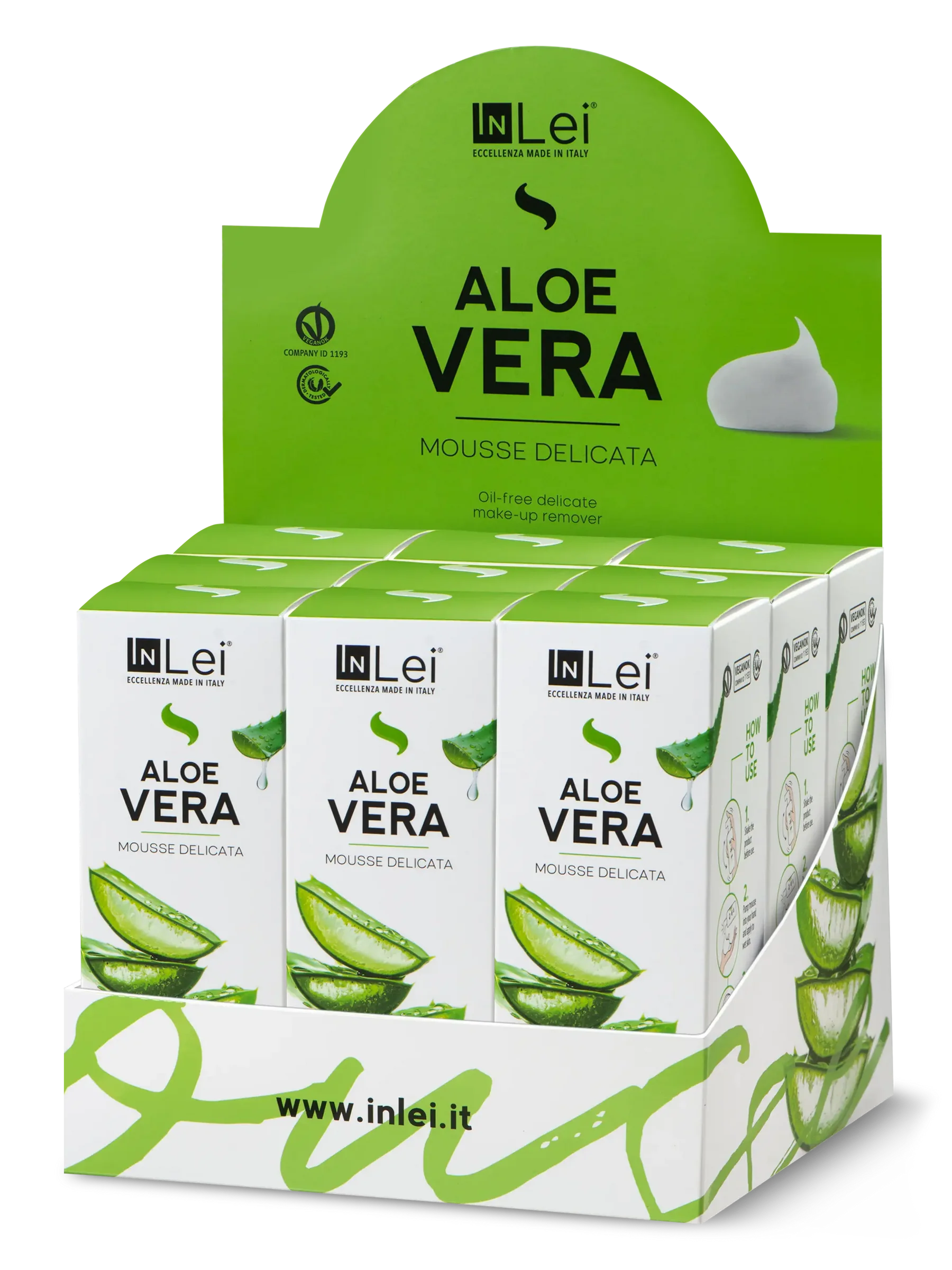 InLei® EXPOSITOR ALOE VERA – Limpiador Suave para Pestañas, Cejas y Rostro 100 ml – 9 unidades