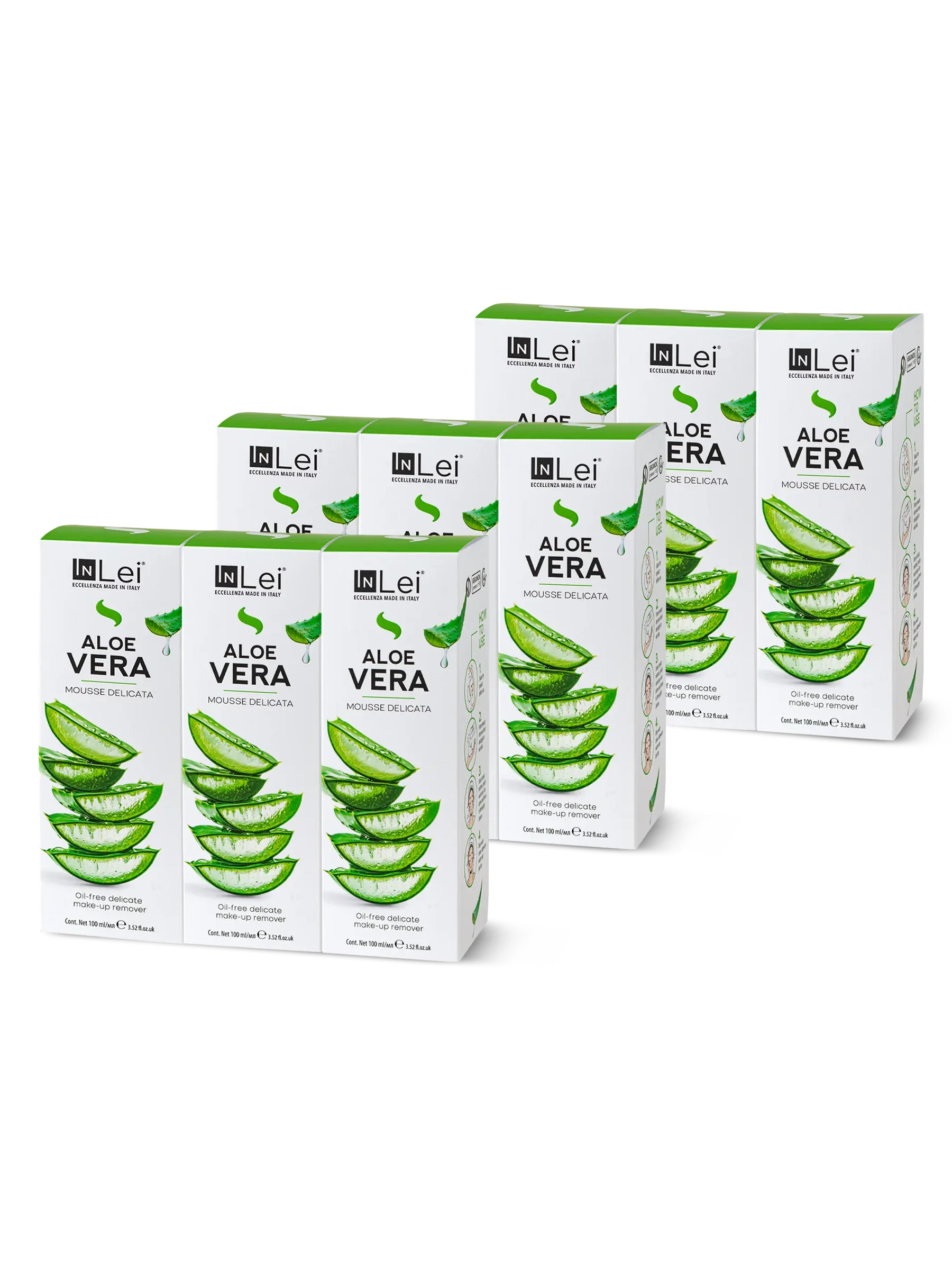 InLei® EXPOSITOR ALOE VERA – Limpiador Suave para Pestañas, Cejas y Rostro 100 ml – 9 unidades