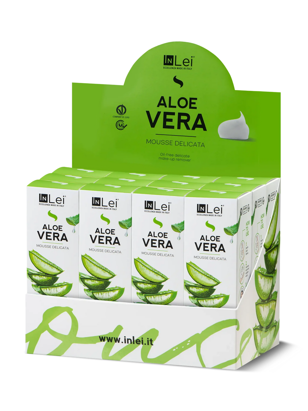 InLei® EXPOSITOR ALOE VERA TRAVEL SIZE – Limpiador Suave para Pestañas, Cejas y Rostro 50 ml – 12 unidades