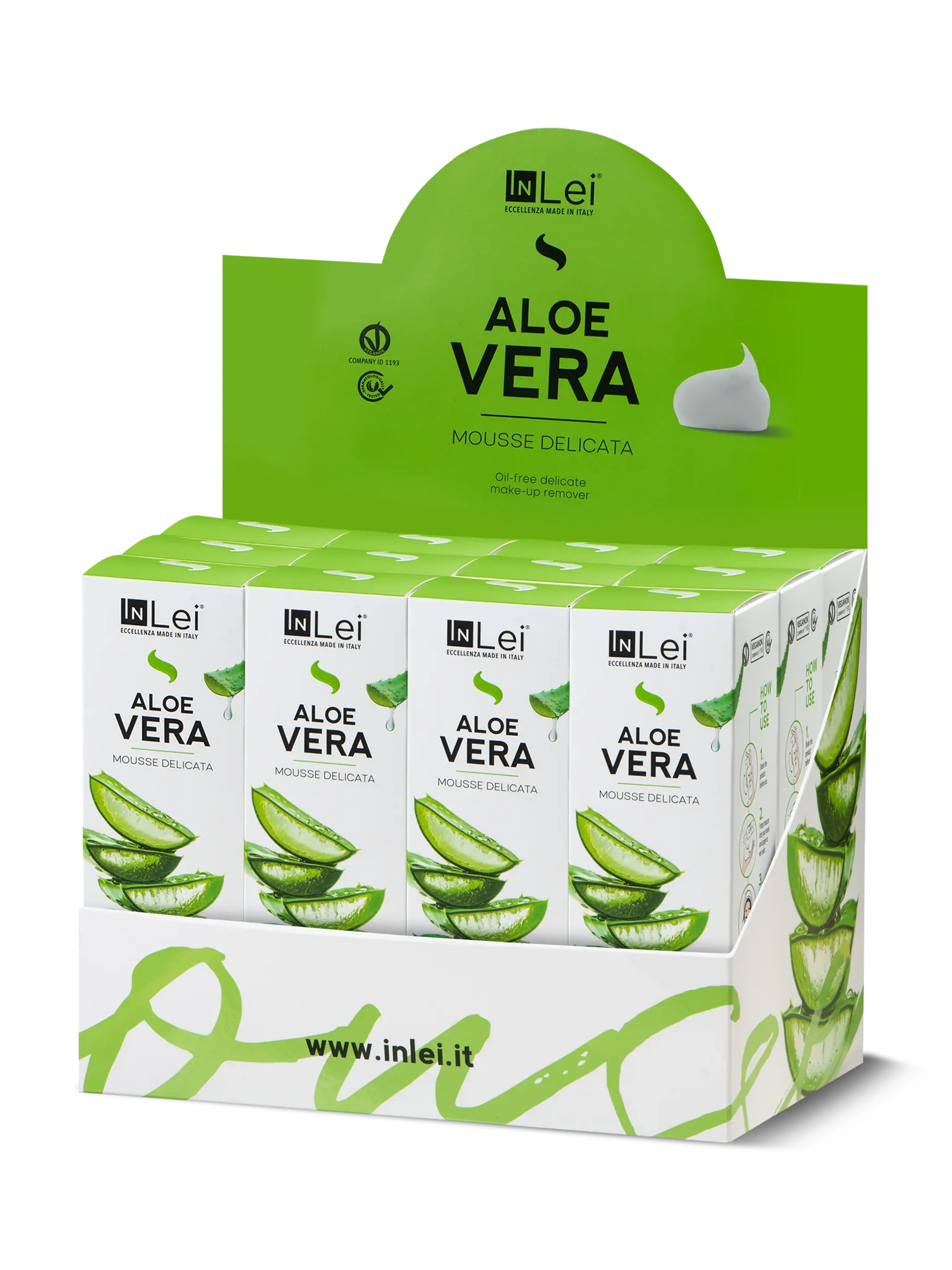 InLei® EXPOSITOR ALOE VERA TRAVEL SIZE – Limpiador Suave para Pestañas, Cejas y Rostro 50 ml – 12 unidades
