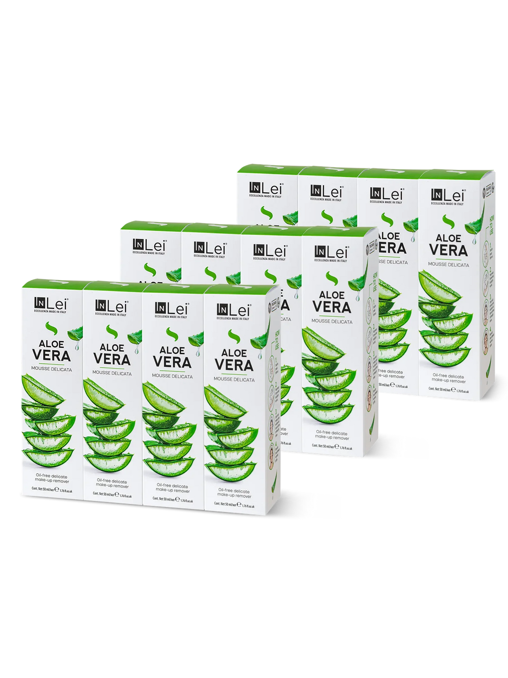 InLei® EXPOSITOR ALOE VERA TRAVEL SIZE – Limpiador Suave para Pestañas, Cejas y Rostro 50 ml – 12 unidades