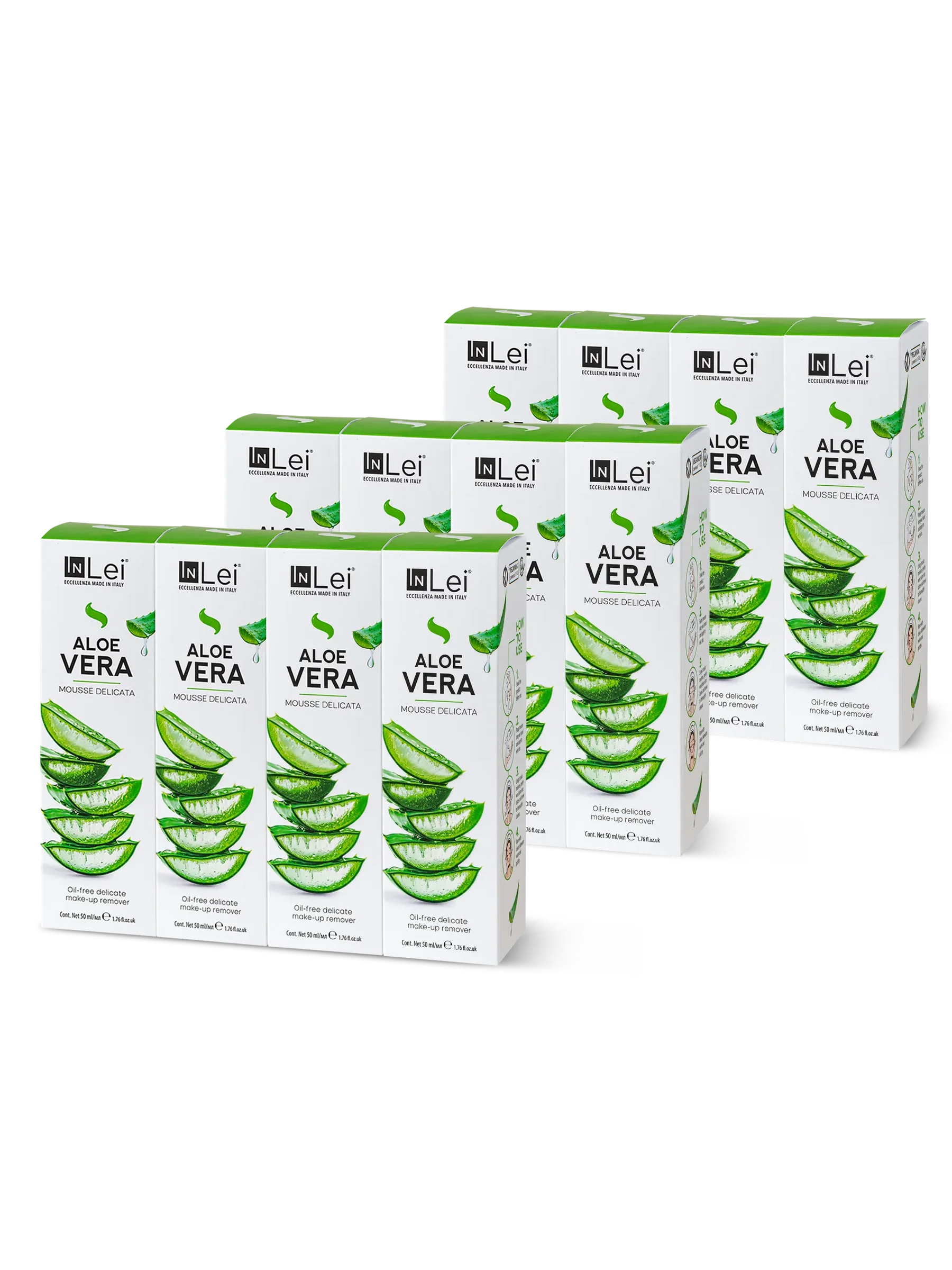 InLei® EXPOSITOR ALOE VERA TRAVEL SIZE – Limpiador Suave para Pestañas, Cejas y Rostro 50 ml – 12 unidades