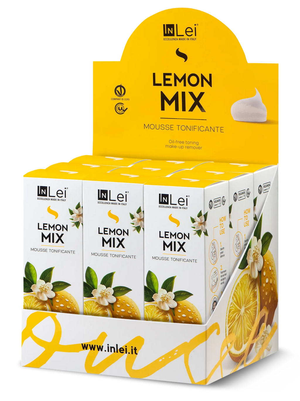 InLei® EXPOSITOR MOUSSE LEMON MIX – Limpiador Tonificante para Pestañas, Cejas y Rostro 100 ml – 9 unidades