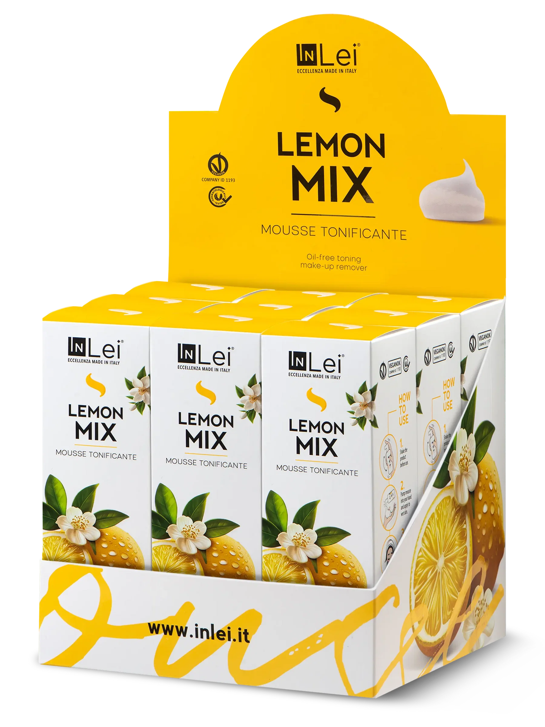 InLei® EXPOSITOR MOUSSE LEMON MIX – Limpiador Tonificante para Pestañas, Cejas y Rostro 100 ml – 9 unidades