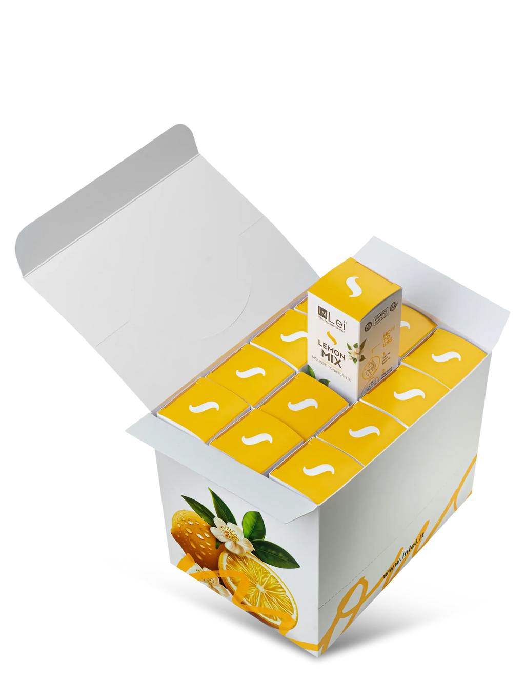 InLei® EXPOSITOR MOUSSE LEMON MIX TRAVEL SIZE – Limpiador Tonificante para Pestañas, Cejas y Rostro 50 ml – 12 unidades