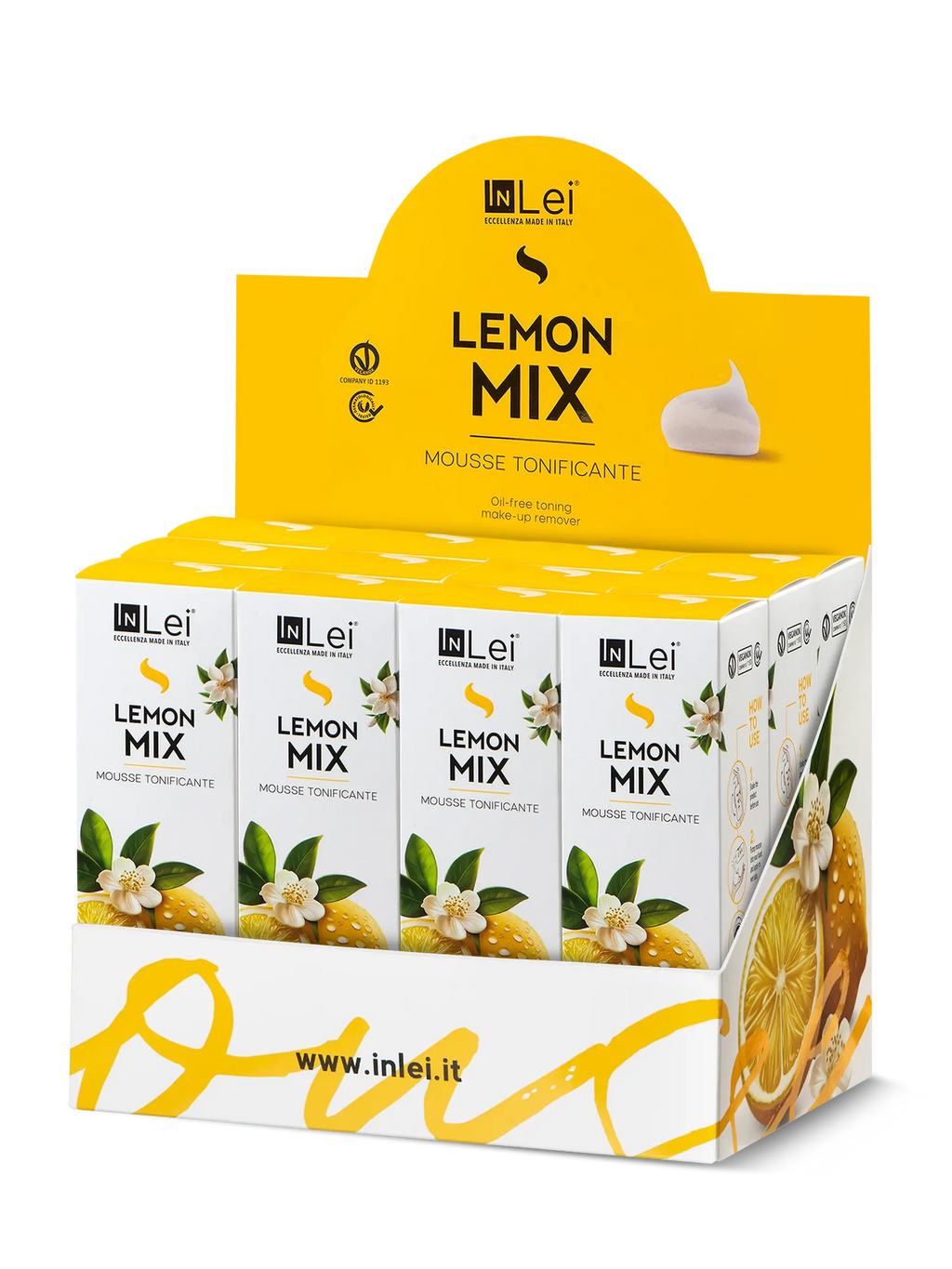 InLei® EXPOSITOR MOUSSE LEMON MIX TRAVEL SIZE – Limpiador Tonificante para Pestañas, Cejas y Rostro 50 ml – 12 unidades
