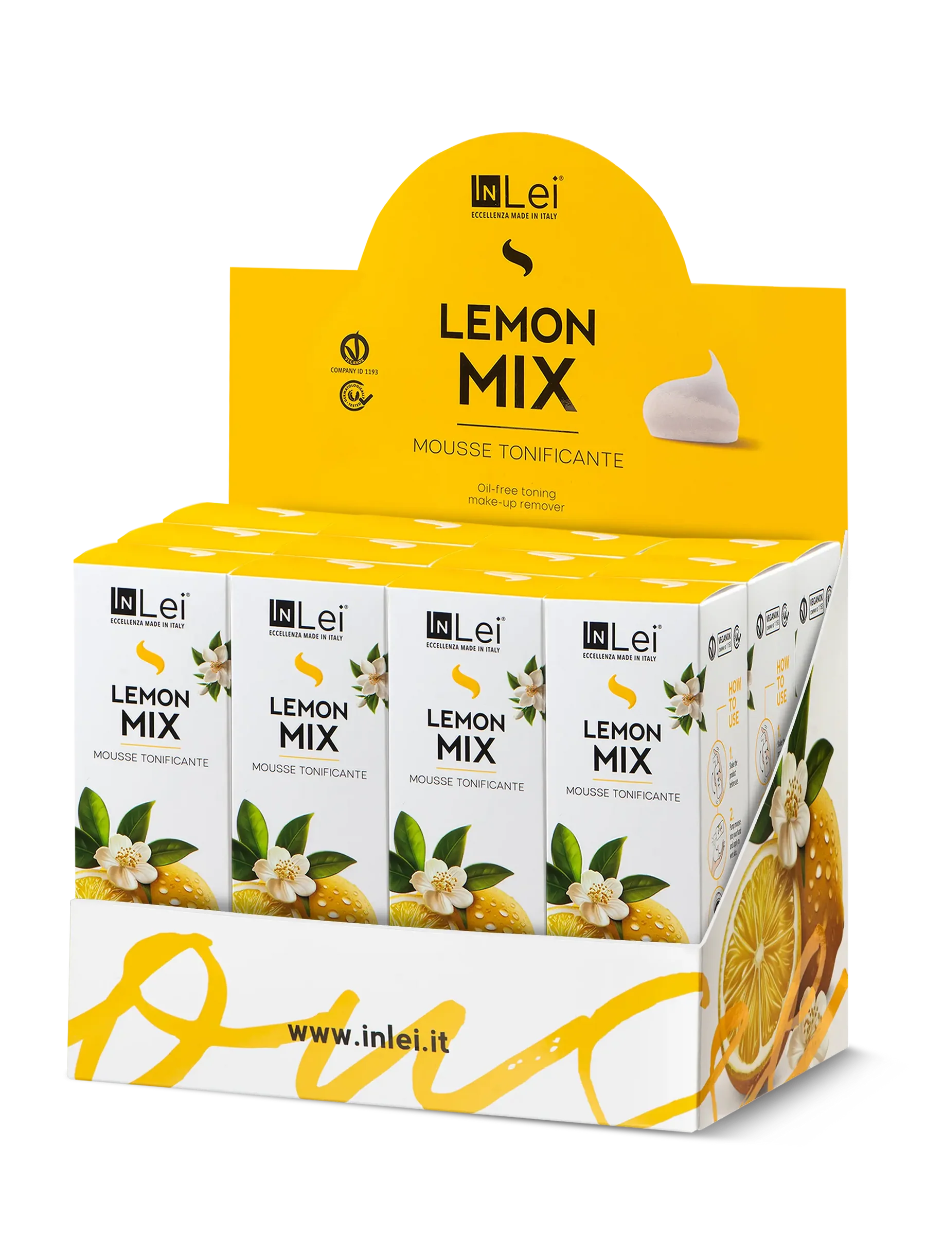 InLei® EXPOSITOR MOUSSE LEMON MIX TRAVEL SIZE – Limpiador Tonificante para Pestañas, Cejas y Rostro 50 ml – 12 unidades