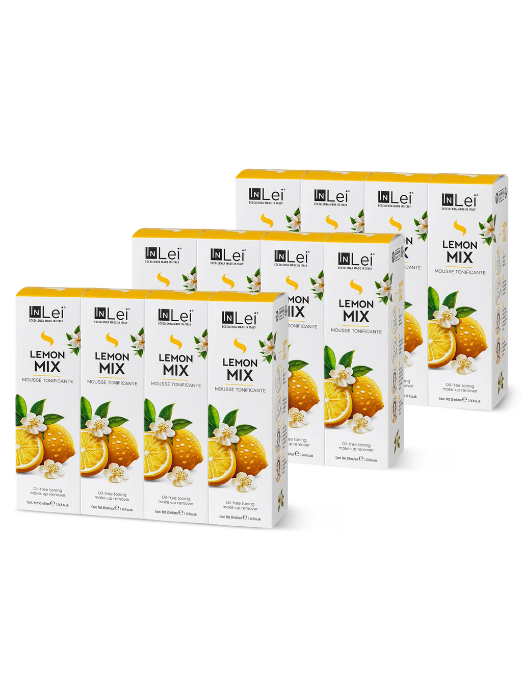 InLei® EXPOSITOR MOUSSE LEMON MIX TRAVEL SIZE – Limpiador Tonificante para Pestañas, Cejas y Rostro 50 ml – 12 unidades