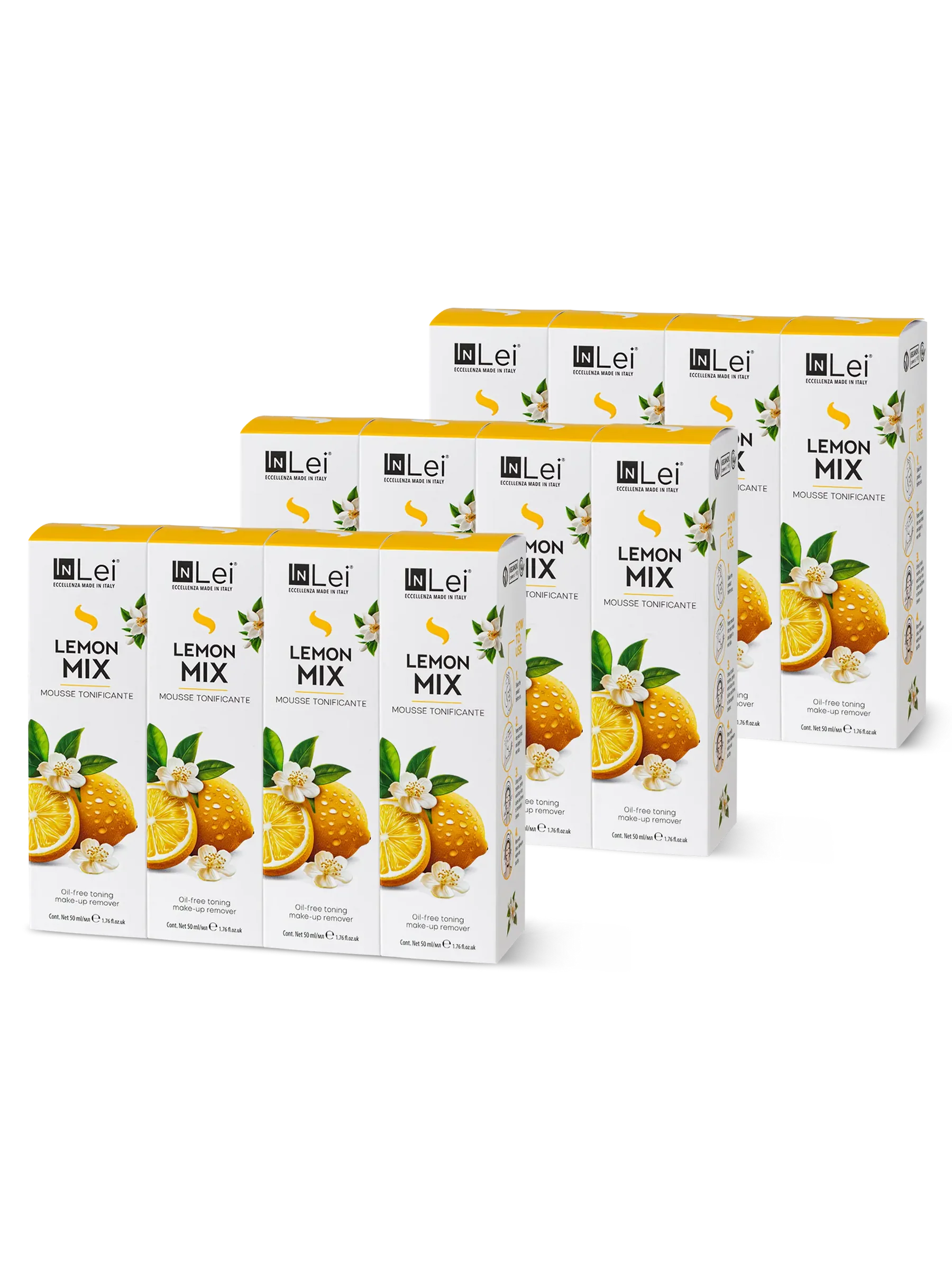 InLei® EXPOSITOR MOUSSE LEMON MIX TRAVEL SIZE – Limpiador Tonificante para Pestañas, Cejas y Rostro 50 ml – 12 unidades