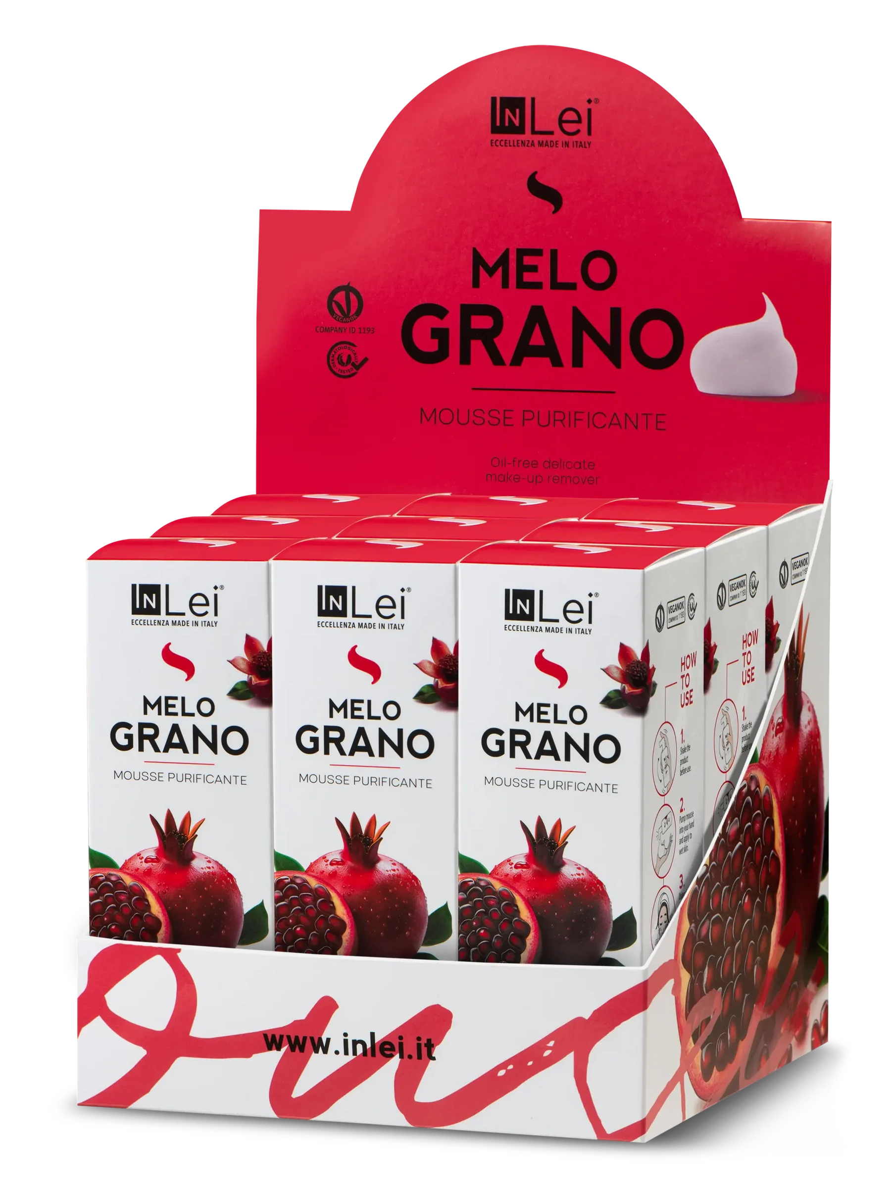 InLei® EXPOSITOR MOUSSE MELOGRANO – Limpiador Purificante para Pestañas, Cejas y Rostro 100 ml – 9 unidades