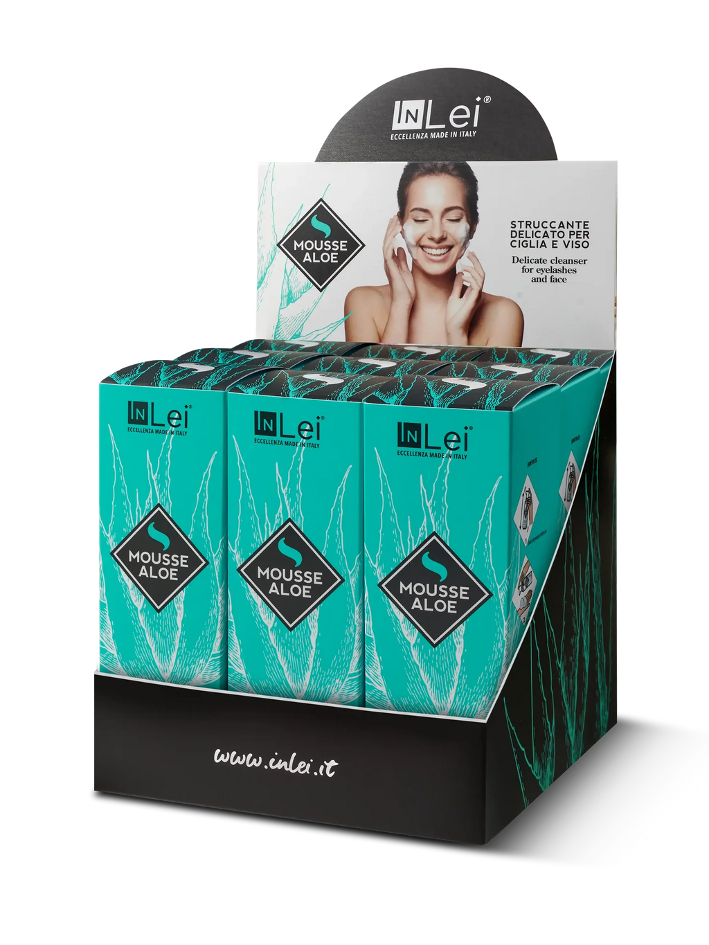 InLei® EXPOSITOR MOUSSE ALOE – Limpiador Suave para Pestañas y Rostro