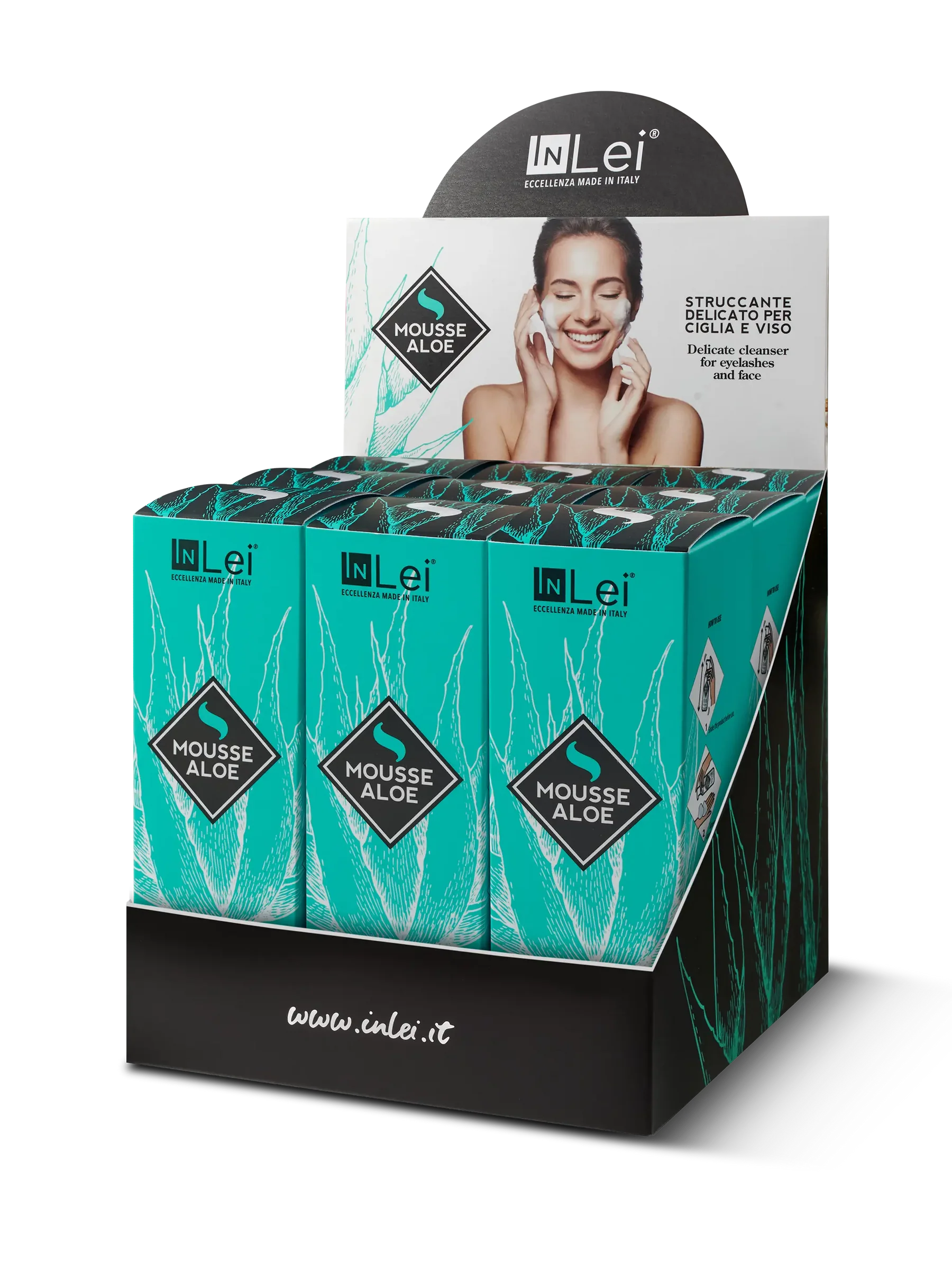 InLei® EXPOSITOR MOUSSE ALOE – Limpiador Suave para Pestañas y Rostro