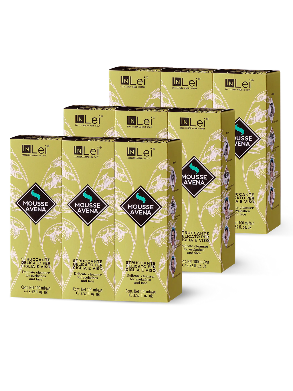 InLei® EXPOSITOR MOUSSE AVENA – Limpiador Suave para Pestañas y Rostro 9 unidades