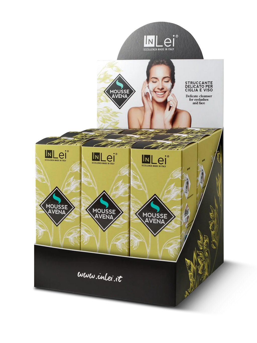 InLei® EXPOSITOR MOUSSE AVENA – Limpiador Suave para Pestañas y Rostro 9 unidades