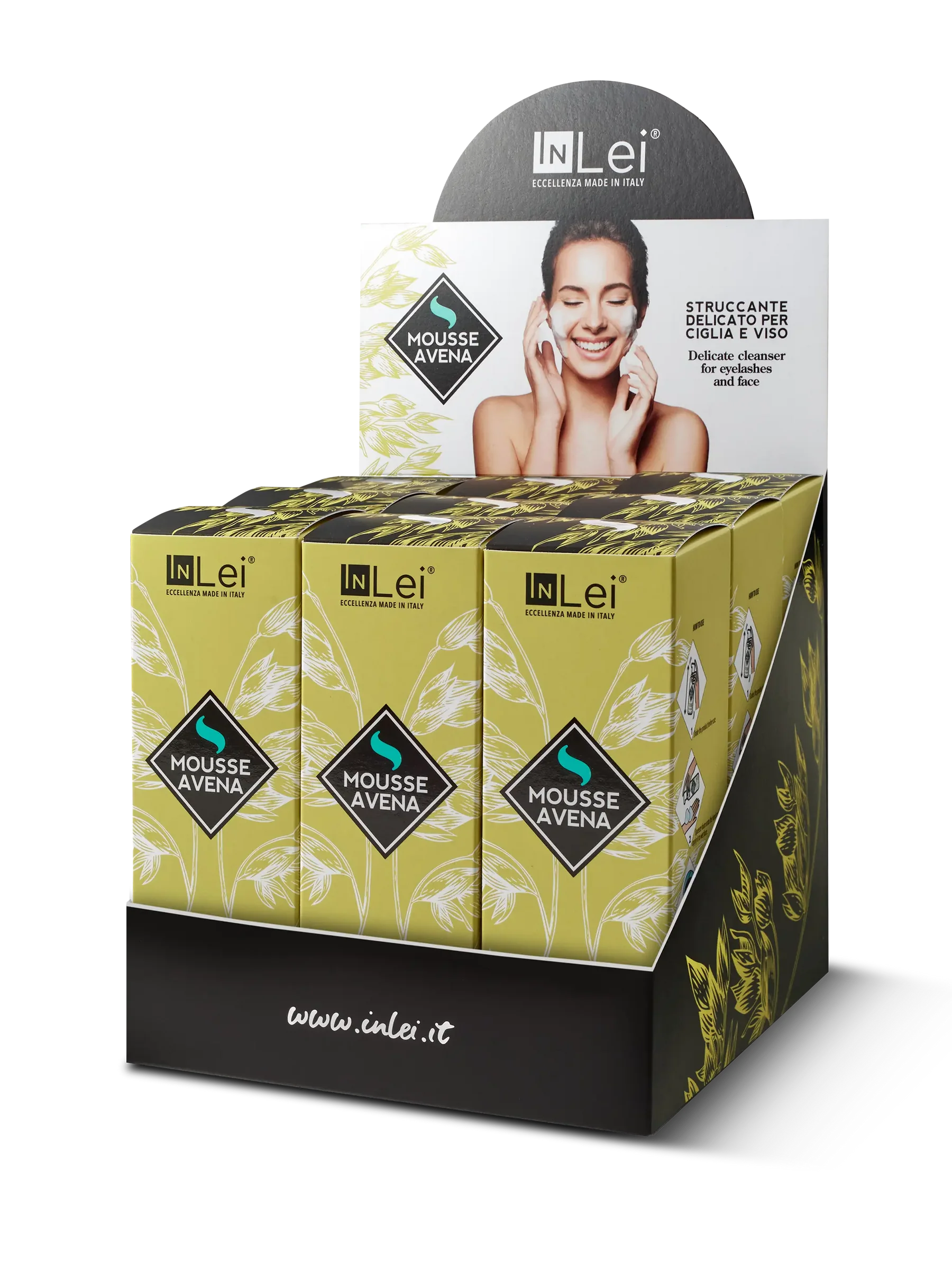 InLei® EXPOSITOR MOUSSE AVENA – Limpiador Suave para Pestañas y Rostro 9 unidades