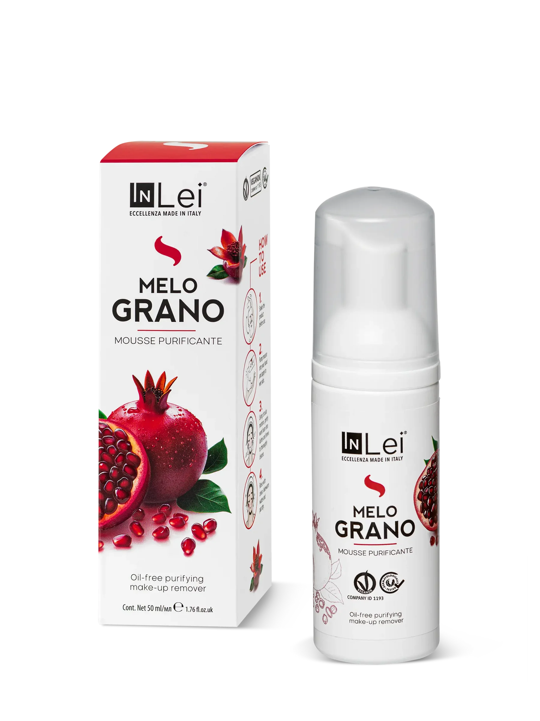 InLei® MOUSSE MELOGRANO TRAVEL SIZE – Limpiador Purificante para Pestañas, Cejas y Rostro 50 ml