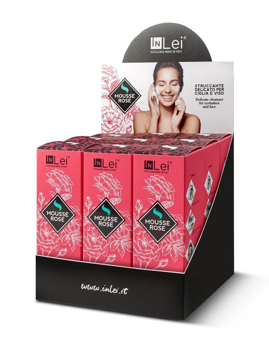 InLei® EXPOSITOR MOUSSE ROSE – Limpiador Suave para Pestañas y Rostro