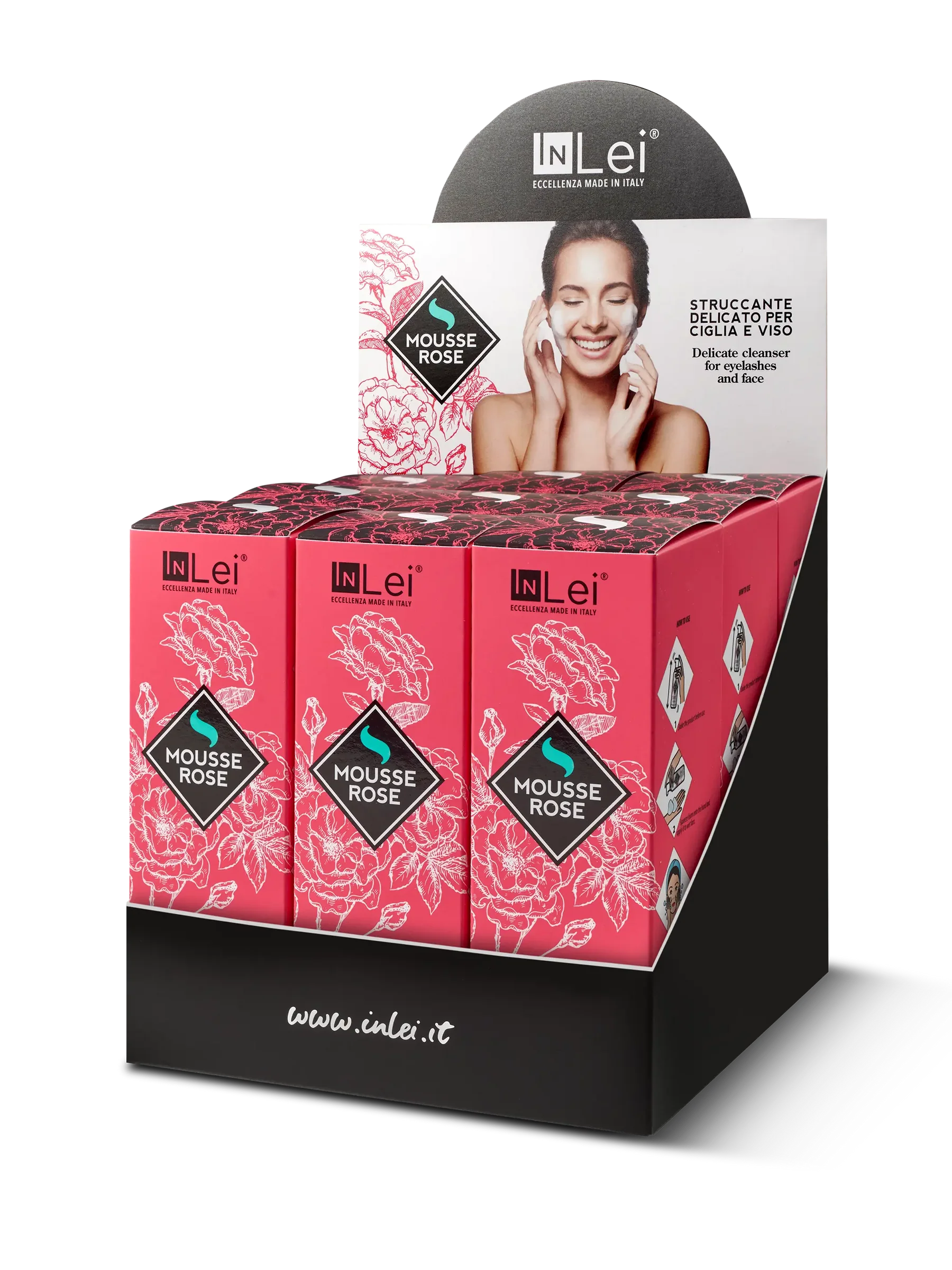InLei® EXPOSITOR MOUSSE ROSE – Limpiador Suave para Pestañas y Rostro