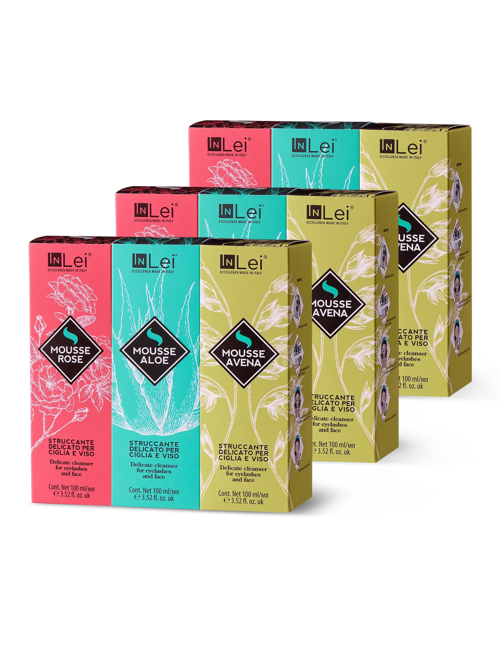 InLei® EXPOSITOR DE SOBREMESA MOUSSE TRIS – Limpiadores para Pestañas y Rostro 9 unidades · Aloe, Avena y Rose