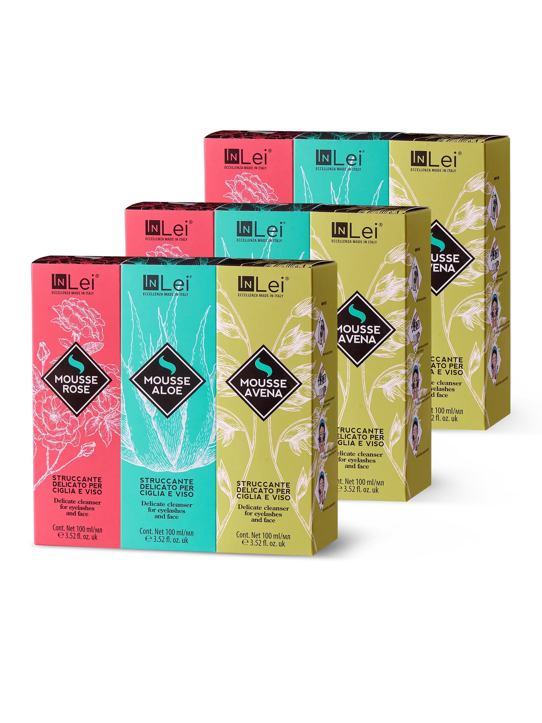 InLei® EXPOSITOR DE SOBREMESA MOUSSE TRIS – Limpiadores para Pestañas y Rostro 9 unidades · Aloe, Avena y Rose