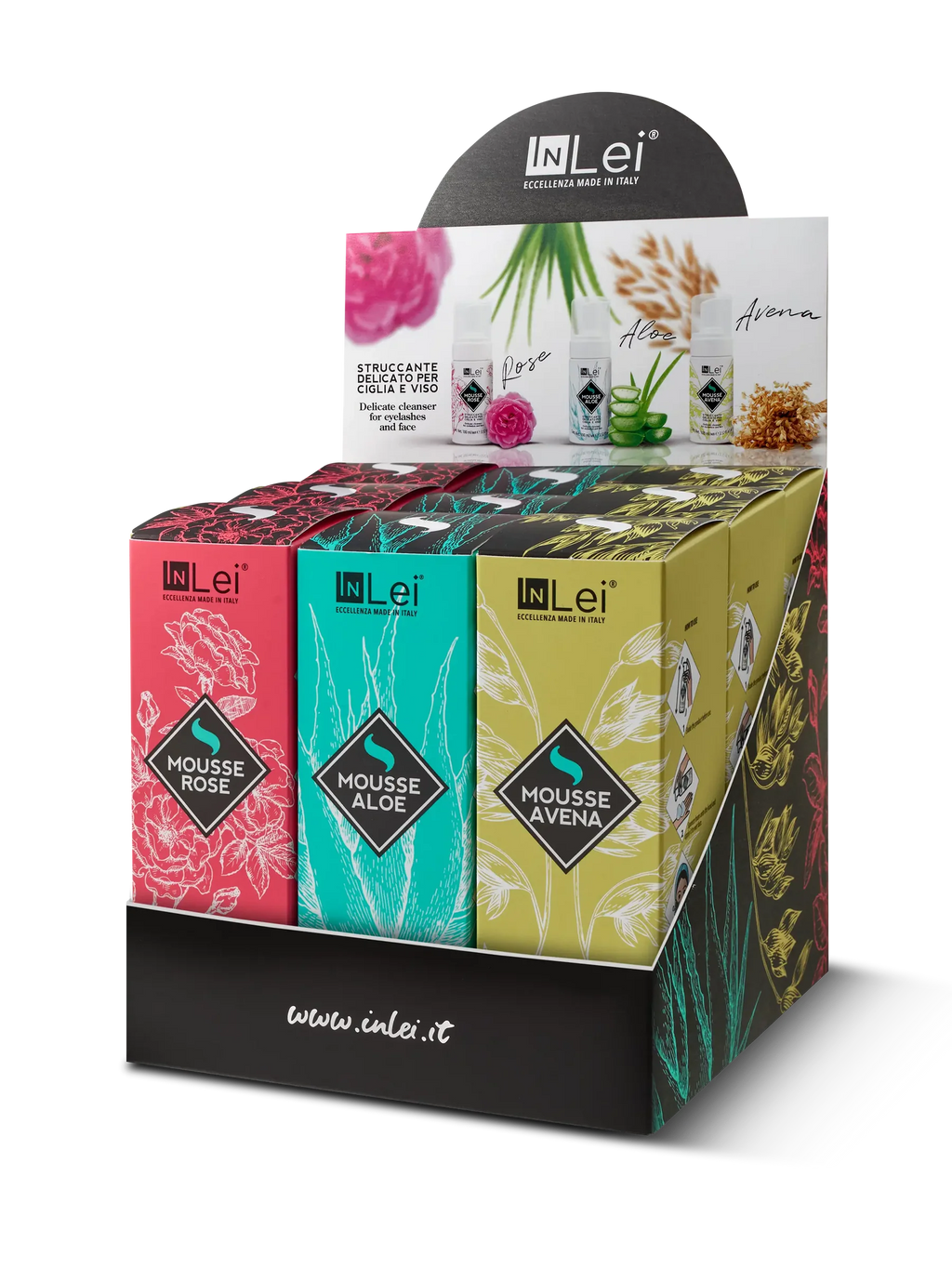 InLei® EXPOSITOR DE SOBREMESA MOUSSE TRIS – Limpiadores para Pestañas y Rostro 9 unidades · Aloe, Avena y Rose