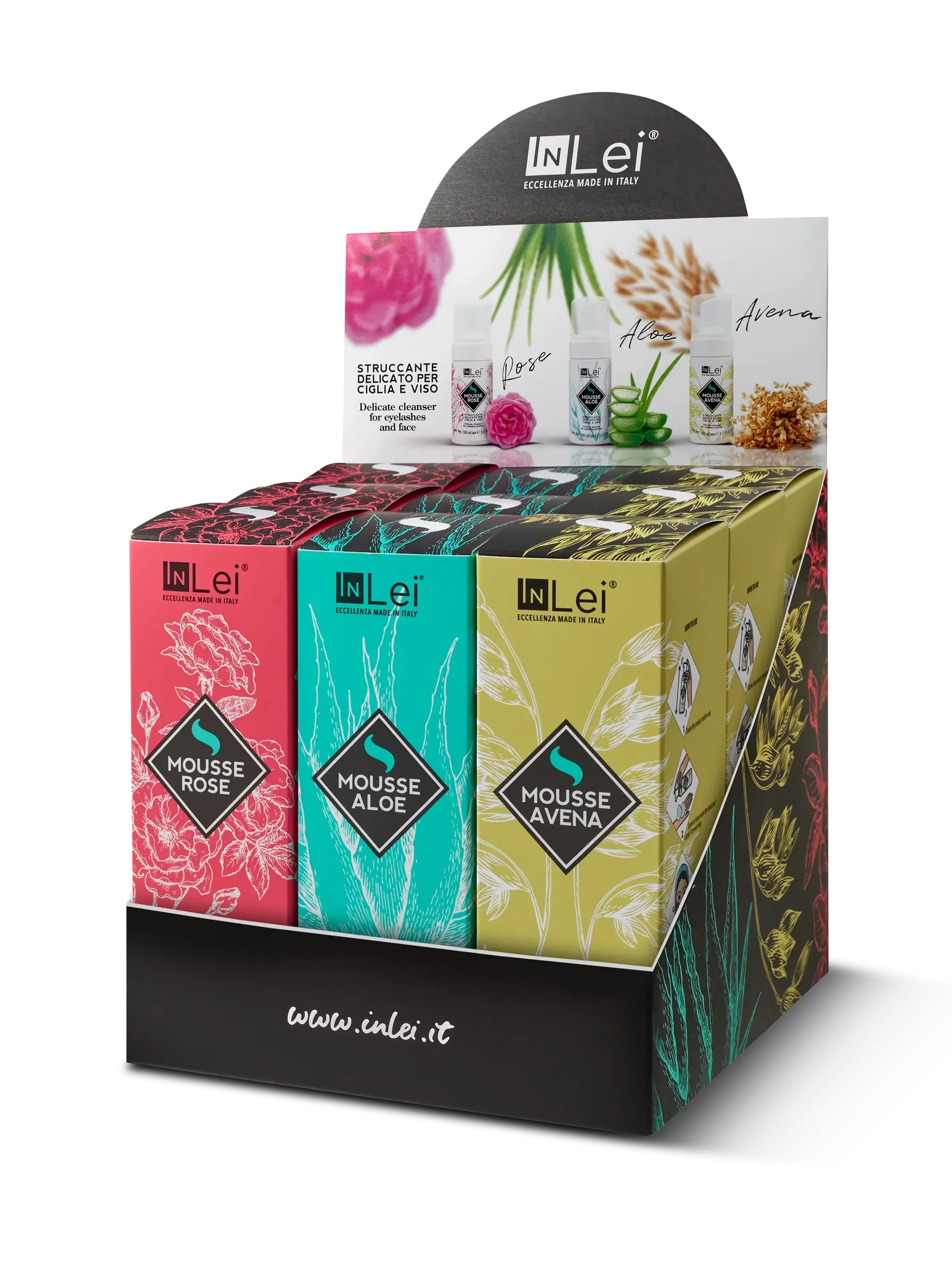 InLei® EXPOSITOR DE SOBREMESA MOUSSE TRIS – Limpiadores para Pestañas y Rostro 9 unidades · Aloe, Avena y Rose