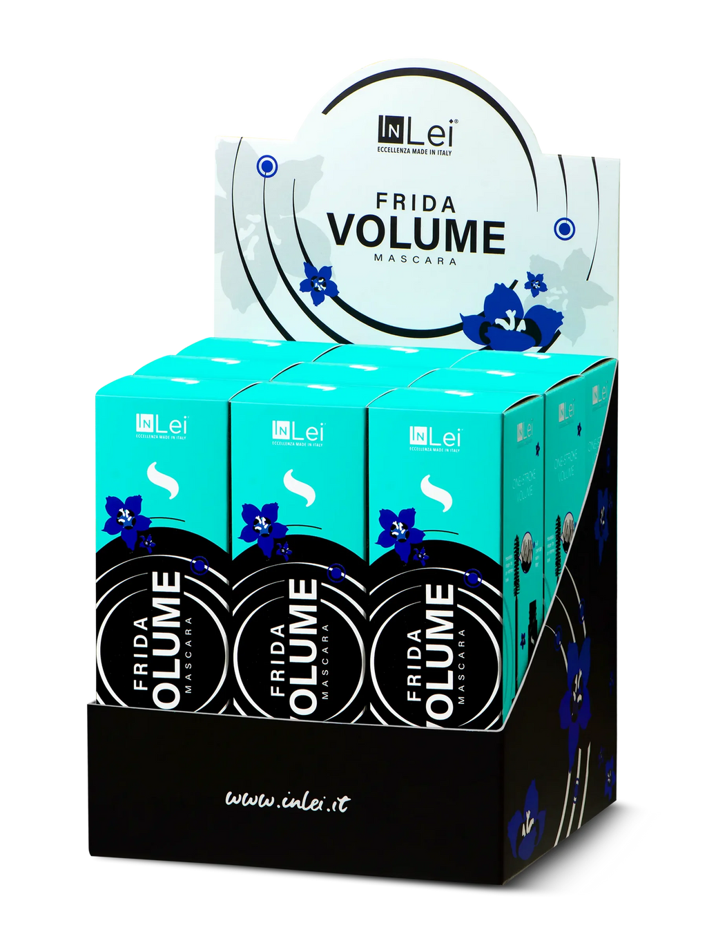 InLei® EXPOSITOR FRIDA VOLUME – Máscara Voluminizadora para Pestañas Naturales y Extensiones 9 unidades