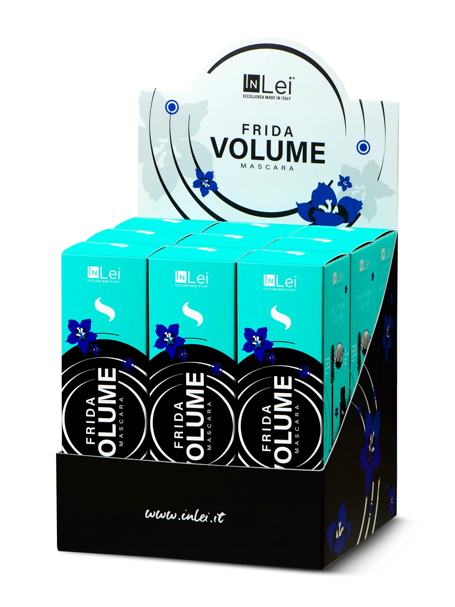 InLei® EXPOSITOR FRIDA VOLUME – Máscara Voluminizadora para Pestañas Naturales y Extensiones 9 unidades