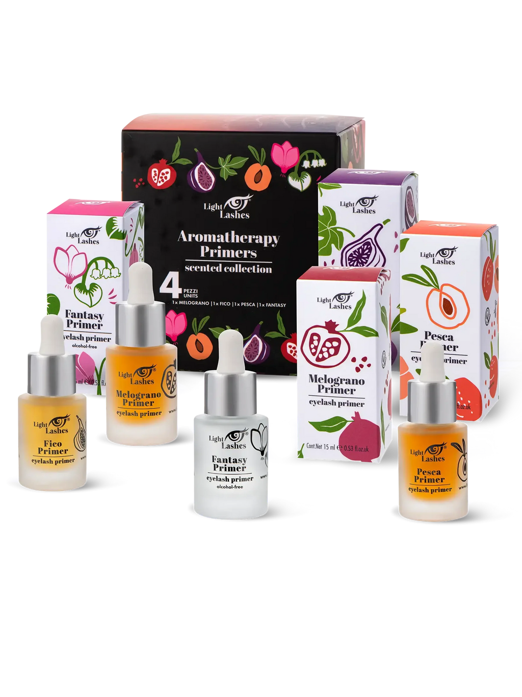 LIGHT LASHES® AROMATHERAPY PRIMERS SCENTED COLLECTION – Set de Primers Desengrasantes 4 × 15 ml
