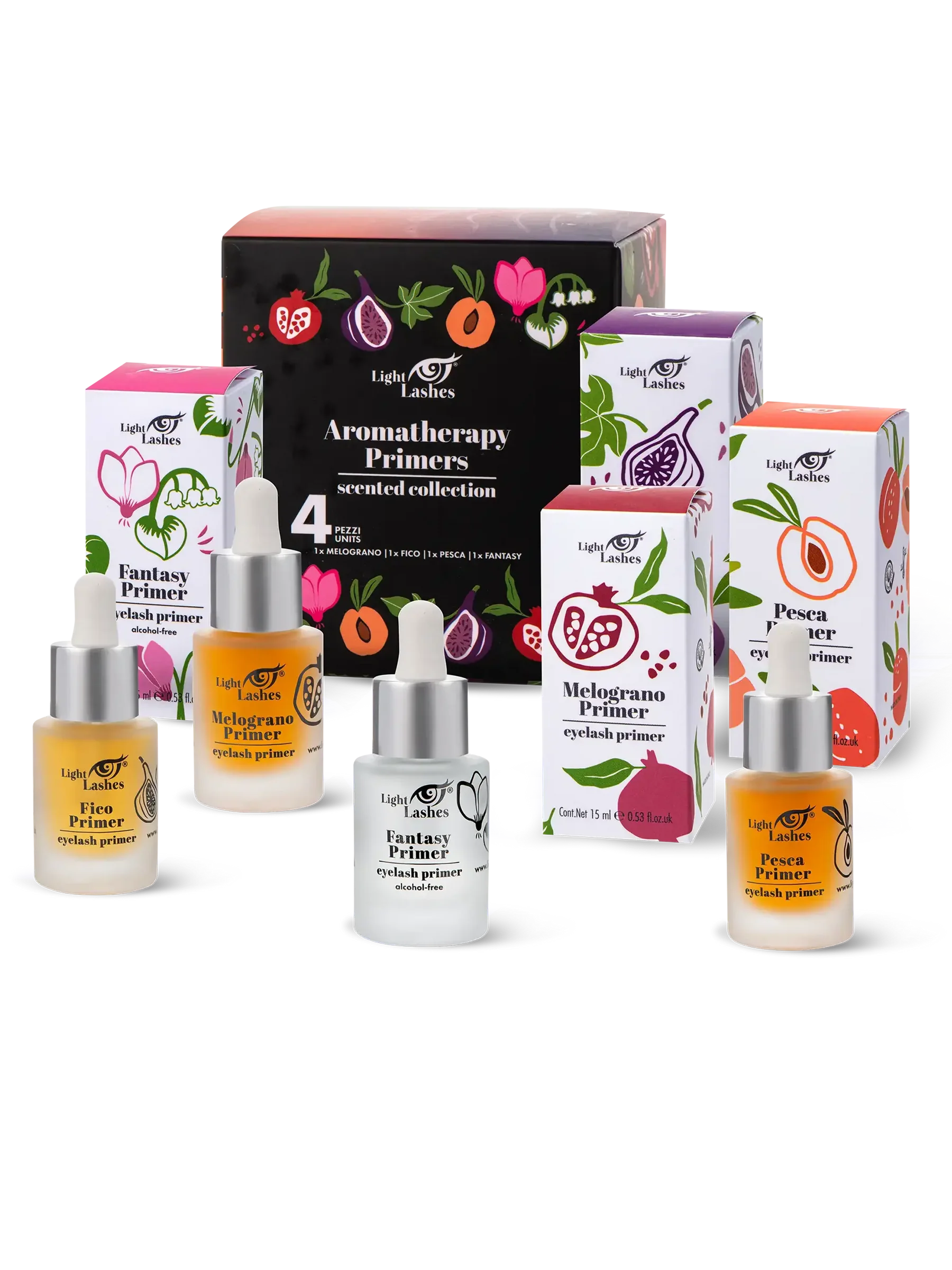 LIGHT LASHES® AROMATHERAPY PRIMERS SCENTED COLLECTION – Set de Primers Desengrasantes 4 × 15 ml